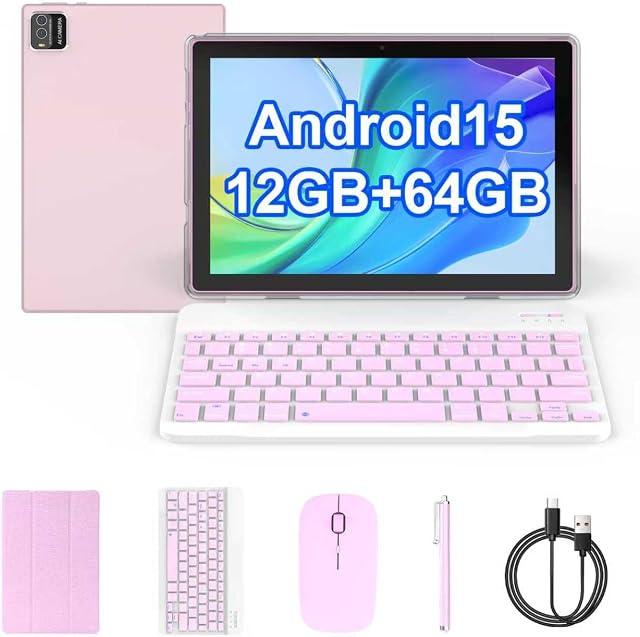 Android 15 Comprimé, 10 de pouce 2 en 1 Comprimés avec boîtier de souris à clavier Stylus, 12GB+64GB+1TB 8MP Caméra, 1.8Ghz Quad-core CPU, 1280*800 IPS Ordinateur écran tactile, WIFI6 BT, Ordinateur portable longue durée de vie