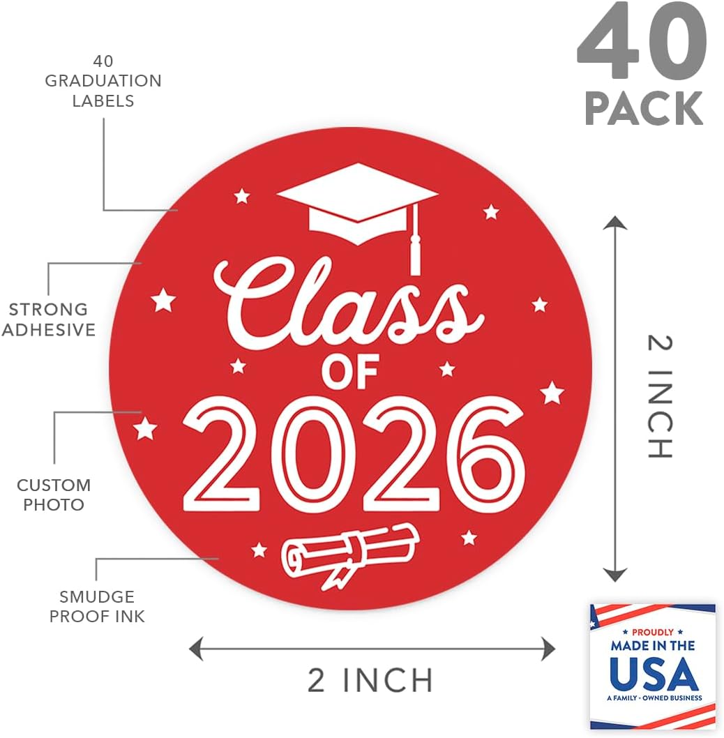 Andaz Press Red 2026 Graduation Stickers for Graduation Party Favors for Guests, Envelope Seal, Class of 2026 Stickers, Graduation Favors, Bulk 40 Pack, 2 Inch, Made in The USA