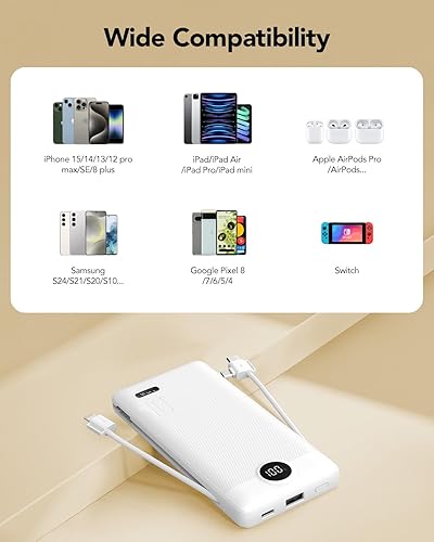 Miniatura 7 de VRURC Cargador portátil con cables y enchufe de pared | Banco de energía con cables | Cargador portátil de 10000mAh con enchufe AC | Paquete de