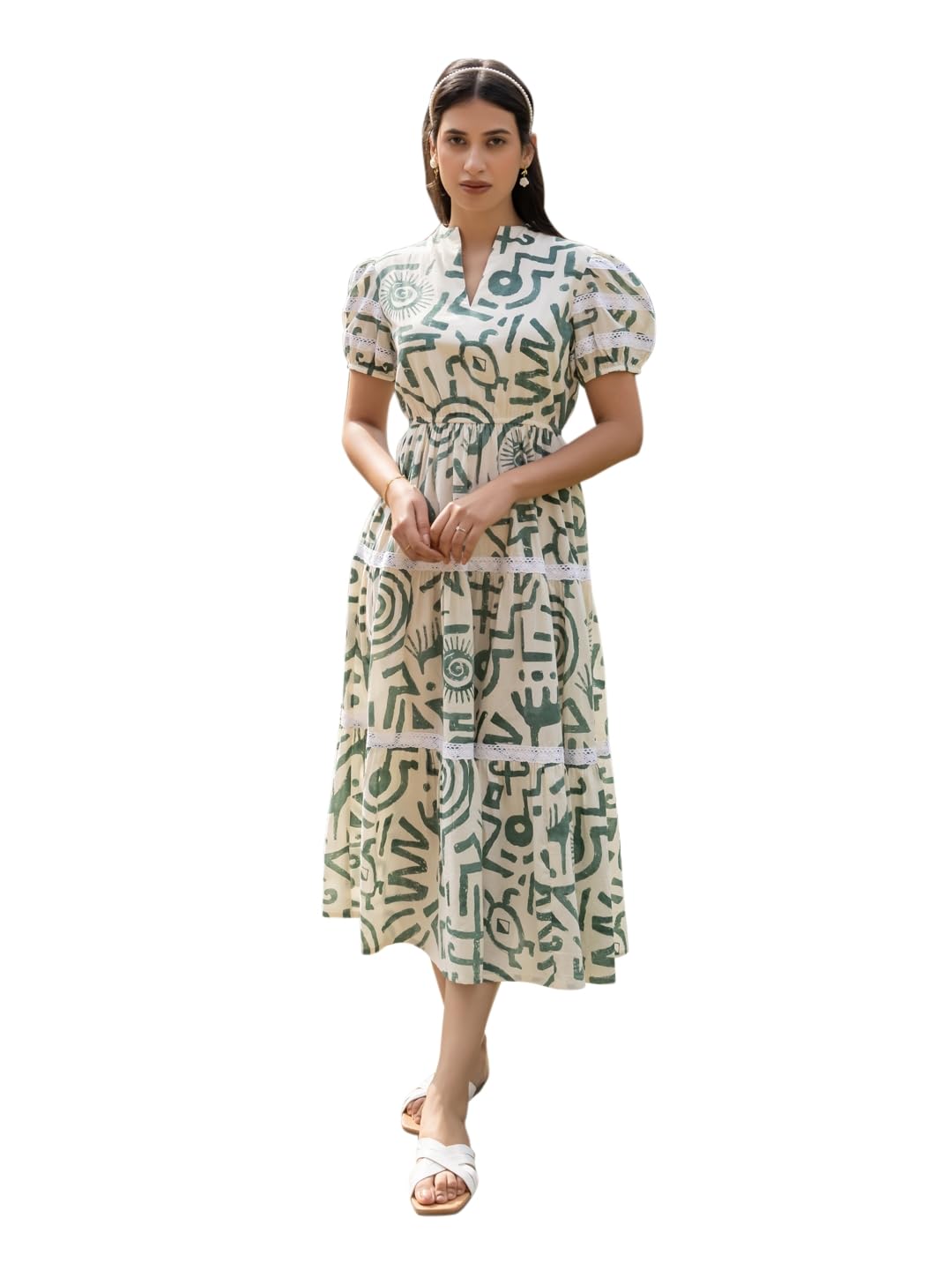 fiorra Women Fit & Flare Off-White Printed Cotton Midi Dress-picture-33