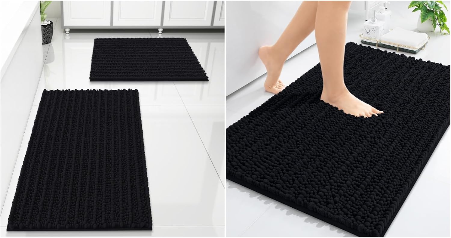 Arotive Luxury Chenille Bathroom Set, Bath Rug (24" x 16") and Bathroom Rugs Set (24" x 16" + 36" x 24") in Black, 3 Item Bundle