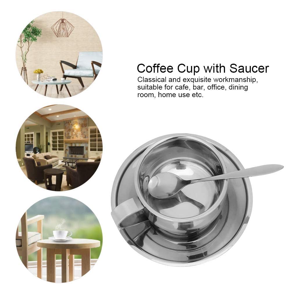 Agatige Set Di Tazza Da Caffè Tazza Da Caffè a Doppia Tazza in Acciaio Inoxparete Da 4 Once Con Piattino E Cucchiaio,Da Caffè Espresso per Tè E Caffè Cappuccino