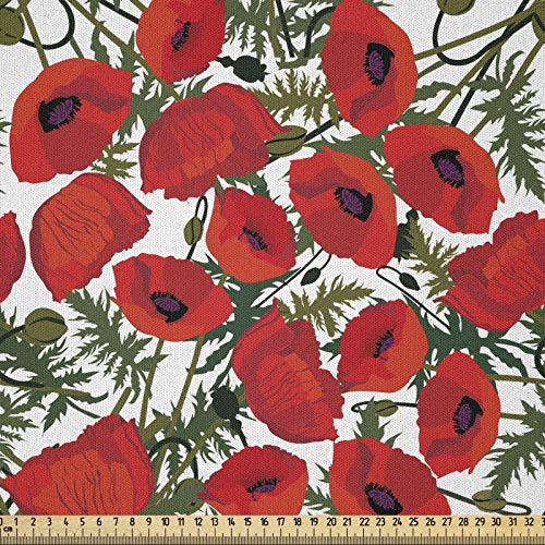 ABAKUHAUS Flor de Amapola Tela por Metro, Jardín Botánica follaje, Decorativa para Tapicería y Textiles del Hogar, 3M (148x300cm), Blanco Verde Rojo