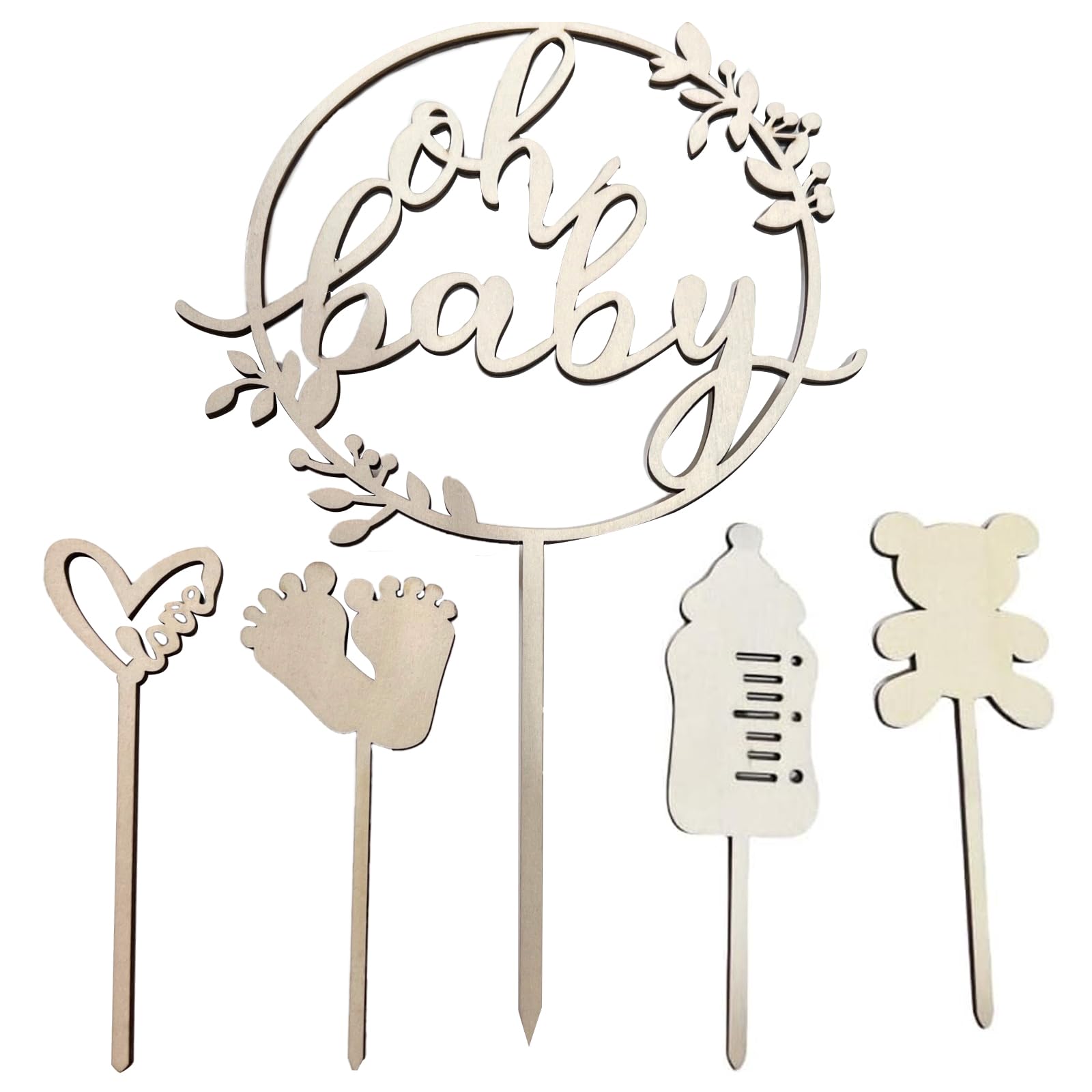 5 Stück Oh Baby Cake Topper,Holz Oh Baby Deko Tortendeko,Kuchen Topper Babyparty Tortendeko Cake Topper Holz,Kuchenstecker für Junge Mädchen Babys Shower Eine Windeltorte Gender Reveal Partydeko