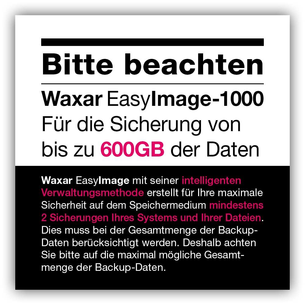 Waxar EasyImage-1000 Extended, High-End Backup Software inklusive Speicher 1TB, läuft sofort ohne Installation, kompatibel mit Windows | Mac | Linux, Server-Edition, 1 Gerät, Life-Time License, DE