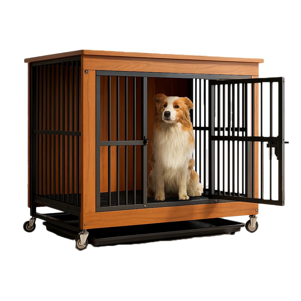 Hundekäfig Möbel für Wohnzimmer, 96×67×89,5cm XL, Hundebox mit 2 Türen, Verstärkte Metallkonstruktion, Kausicher, Hundekäfig für Hunde bis 40kg, Walnuss Holzoptik