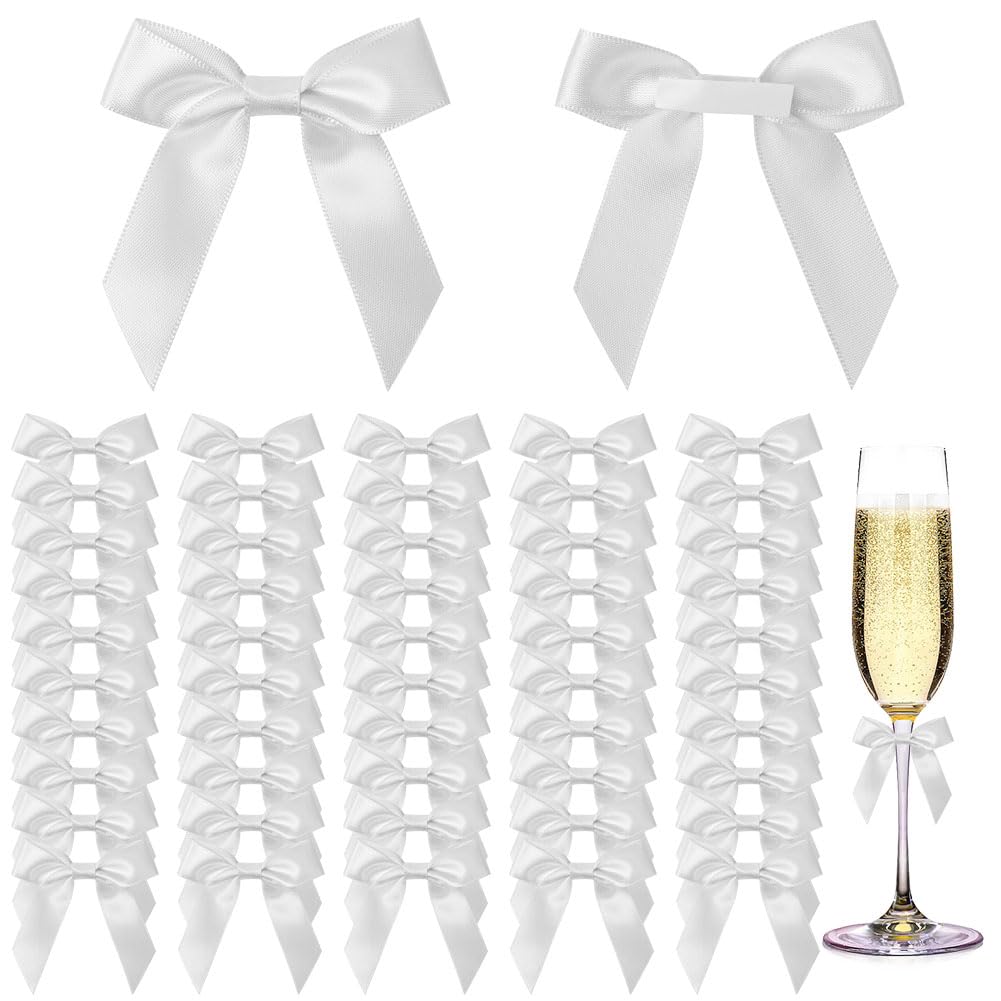 AOOSA 50 Pcs Self Adhesive Bows, 6cm Satin Ribbon Mini Bows, White Ribbon Bow with Sticky Backs for Gift Wrapping, Bow Decorations for Craft DIY Sewing Wedding Birthday Party Bakery Candy Bags