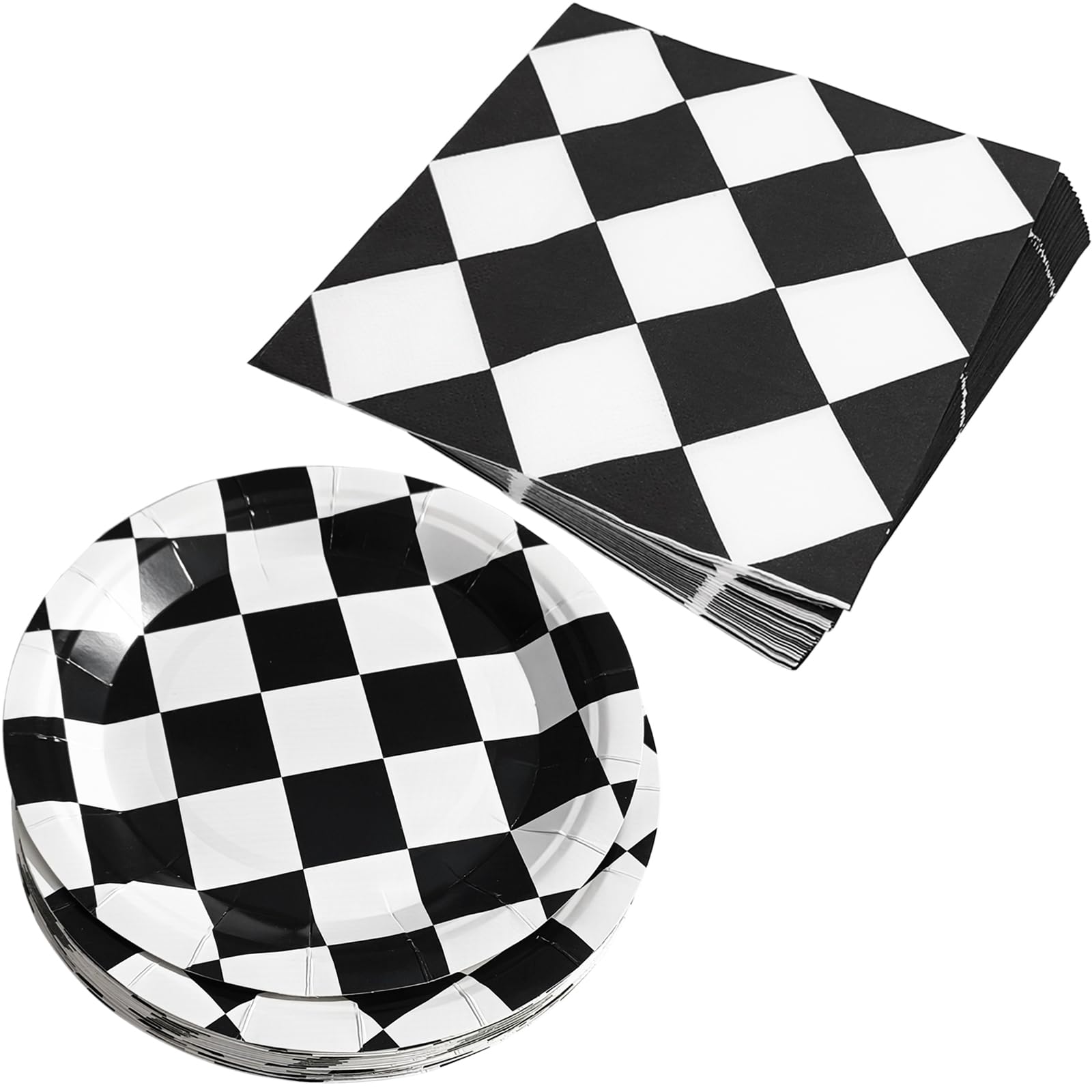Racing Car Party Decorations Paper Checkered Plates and Napkins Race Themed Plates Checkered Flag Napkins Disposable Black & White Checkeredd Tableware Set of 40