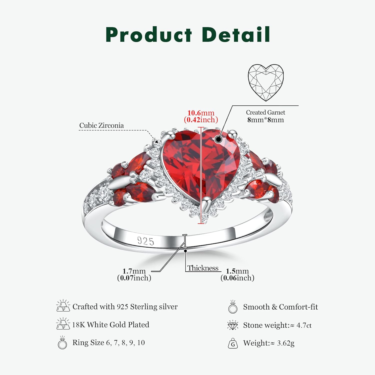 Sterling Silver Butterfly Birthstone Rings for Women, 3 Carat Created Gemstone Diamond Heart/Pear Engagement Halo Ring, Promise Rings for Her, Wedding Anniversary Jewerly Size 6 to 10 - Image 6