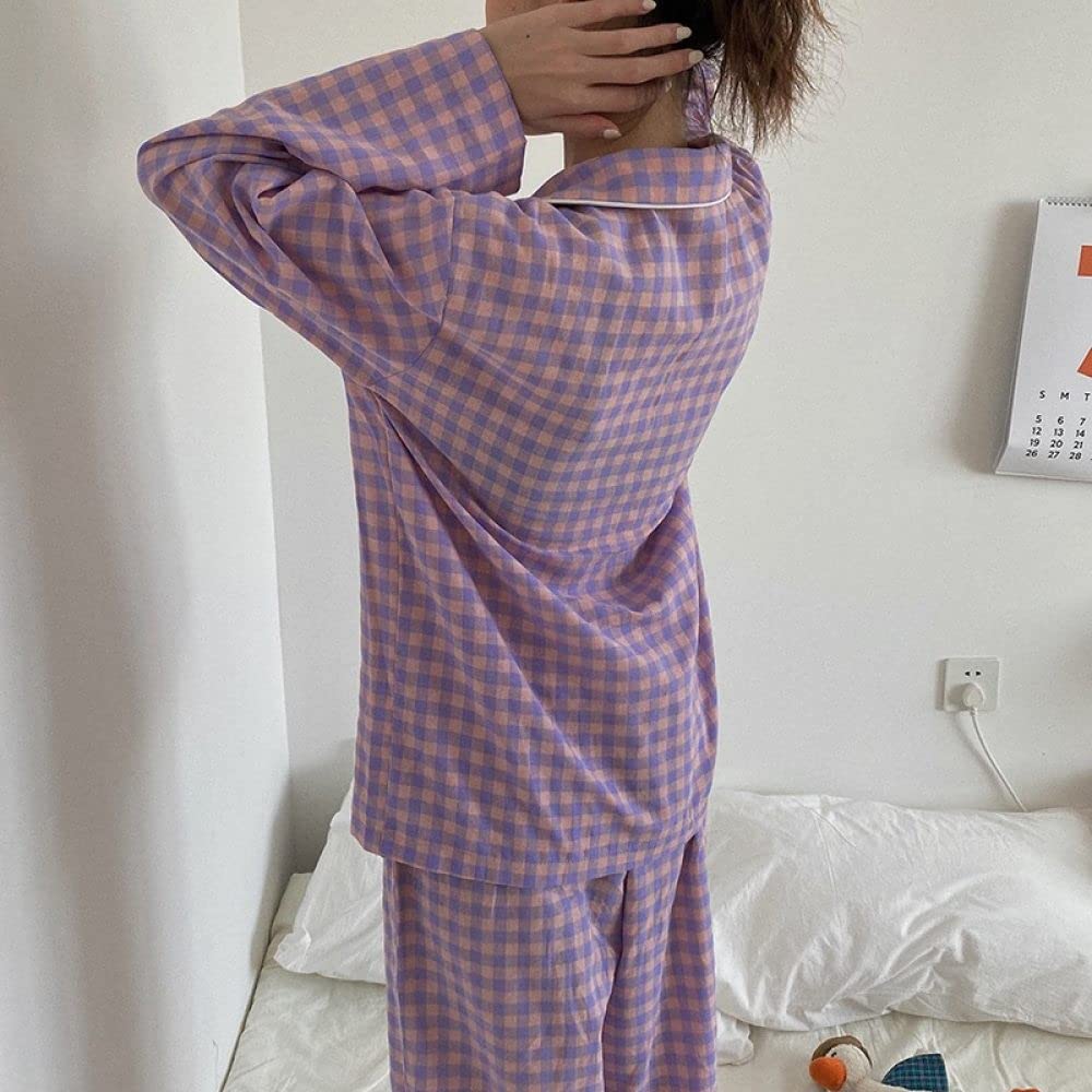 Pigiama Donna Corto Versatile A Quadri Dolce Pigiama in Cotone Pigiama Set Casual Manica Lunga Donna Pigiama Top & Pantaloni Indumenti da Notte Cozy Soft Loungewear