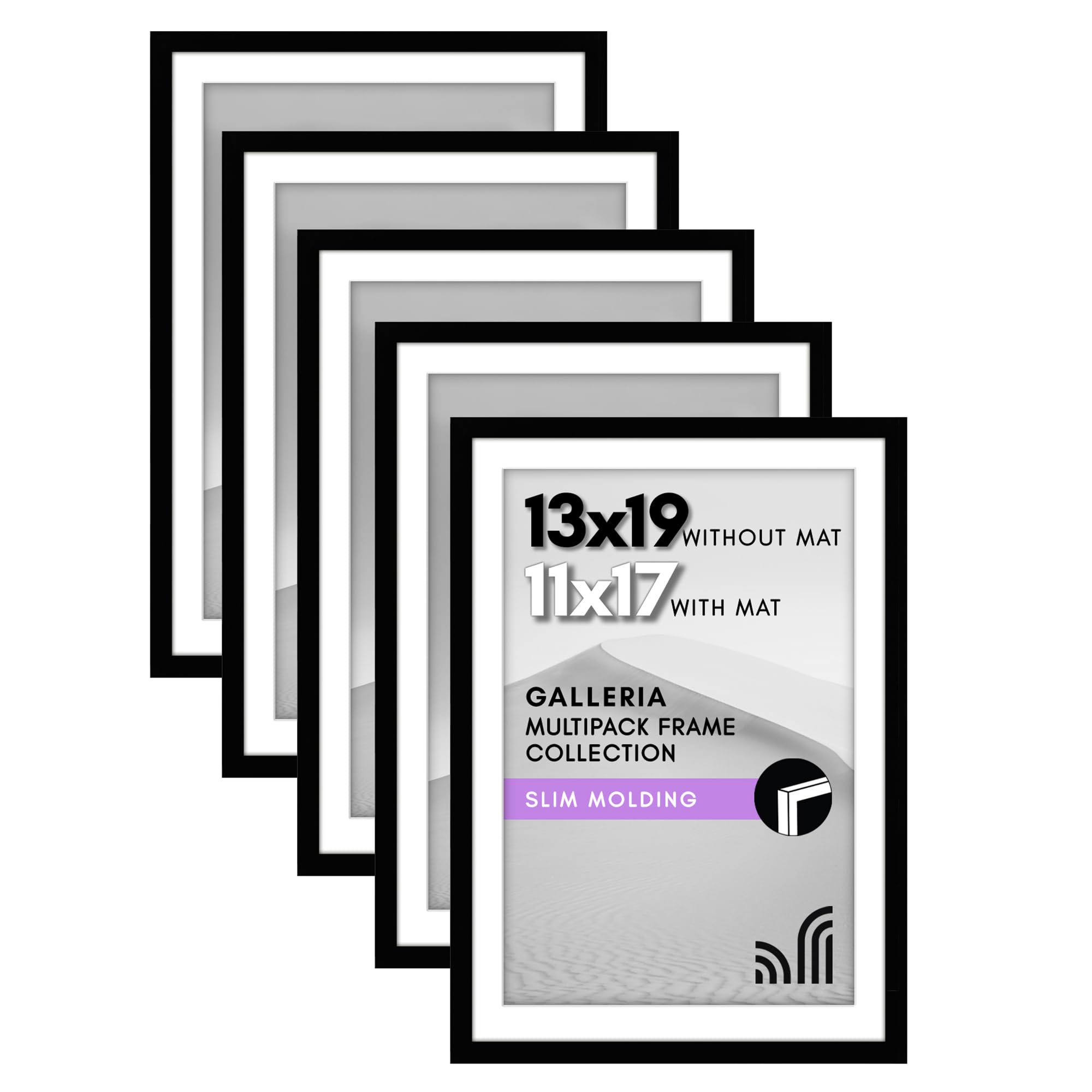 Americanflat 13x19 Picture Frame with Polished Plexiglass - Set of 5 - Use as 11x17 Frame with Mat or Display 13x19 Photo Without Mat - Galleria