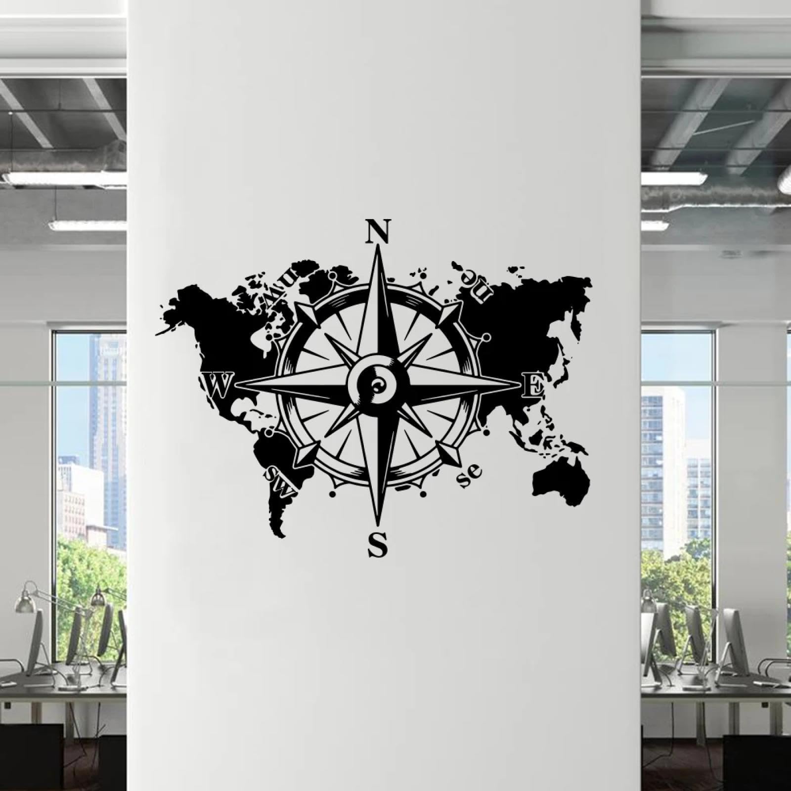 Youousi Black Earth Travel Exploration Wall Sticker Compass Rose World Map Adventure Wall Sticker Office Bedroom Living Room Art Decal