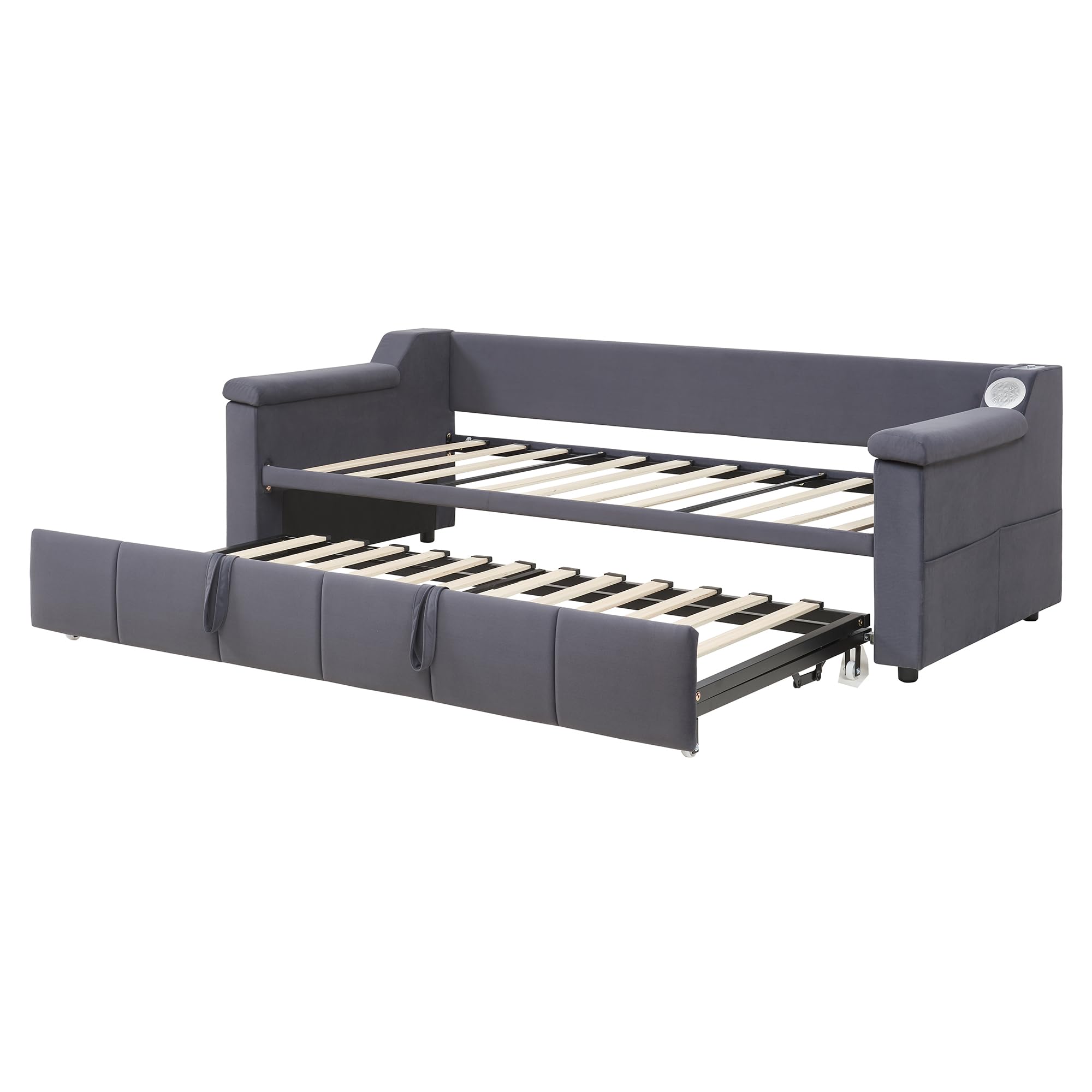 Cama acolchada, sofá cama, reposabrazos anchos y gruesos, con sistema estéreo Bluetooth inteligente, con puerto de carga USB, con compartimentos de almacenamiento, con somier, tela de