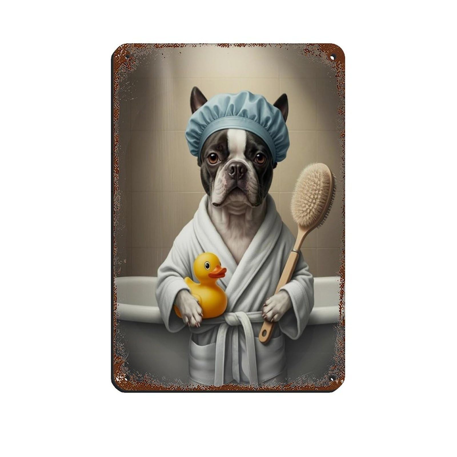 Dog with Rubber Duck Wearing Bathrobe Retro Poster Metal Tin Sign Chic Art Retro Iron Painting Bar People Cave Cafe Family Garage Poster Wall Decoration 8x12inch(20x30cm)