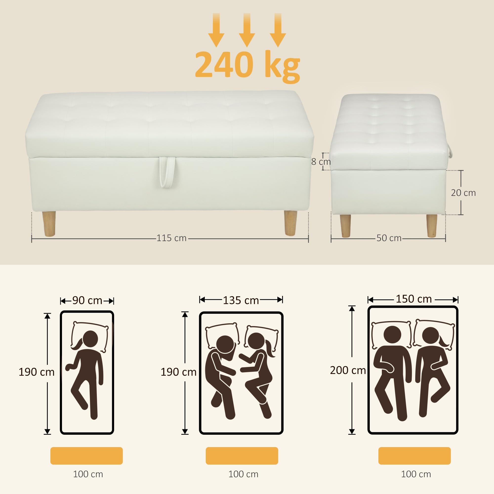 HOMCOM Sitzbank mit Stauraum mit Samt-Optik 115 x 50 x 43 cm Cremeweiß | Sitztruhe, Bettbank mit Holzbeine, Polsterbank, für Wohnzimmer, Schlafzimmer, Flur