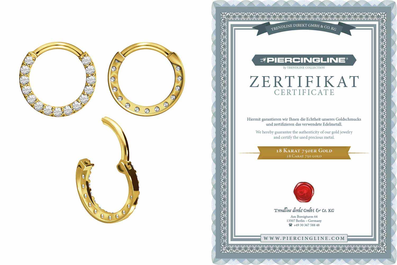 PIERCINGLINE 750er Gold Segmentring Clicker | 18 KARAT | KRISTALLE | Piercing Ring Nase Septum Ohr Helix | Farb & Größenauswahl