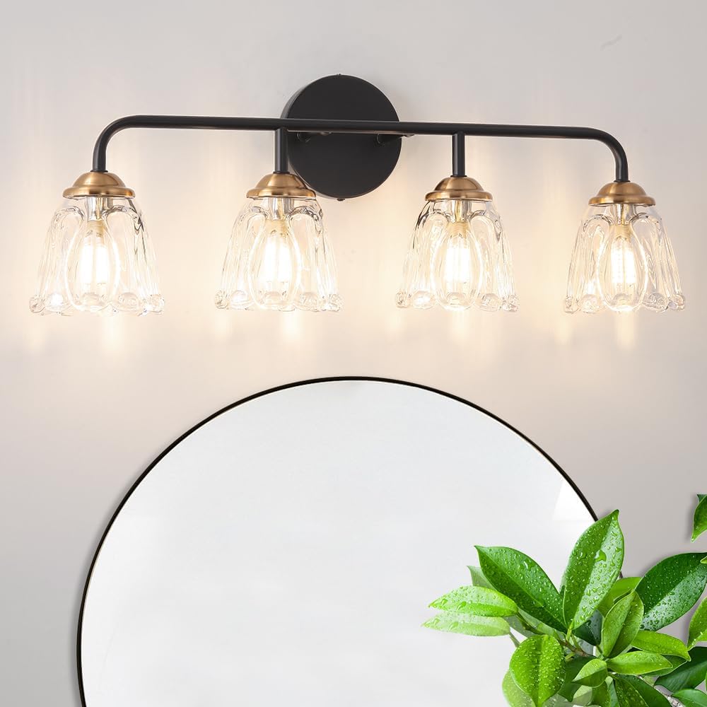 4-Light Vintage Vanity Light, Black and Gold Bathroom Vanity Light Fixtures Over Mirror, Elegant Bathroom Light Fixtures with Clear Glass Shade, Wall Sconce Lighting for Bedroom, Living Room 24.8in Black+Gold