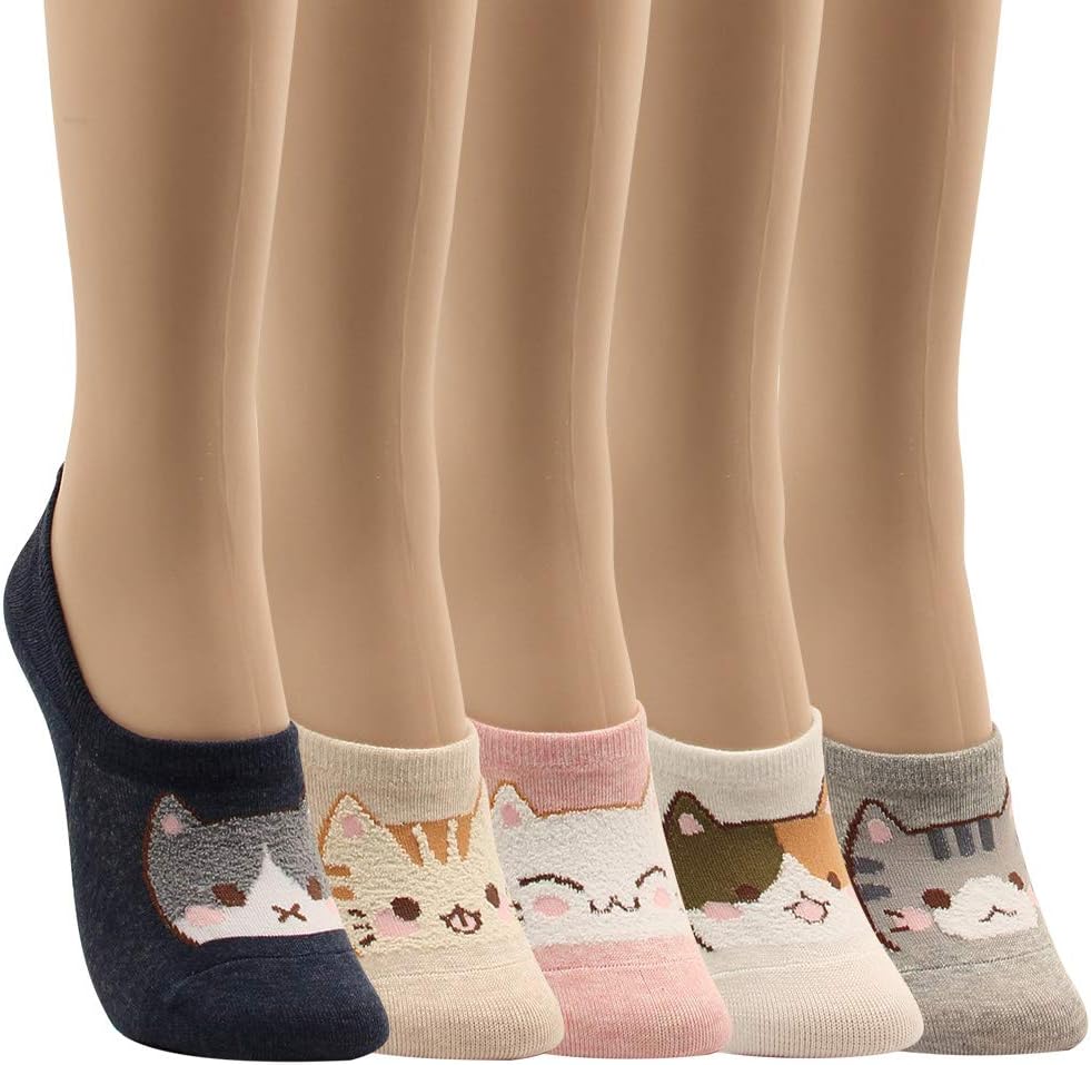 WOWFOOT Women Animal Design No-Show Casual Liner Socks Character Print Non Slip Flat Boat Line 4 Pair
