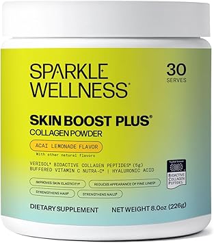 Sparkle Wellness VERISOL Bioactive Hydrolyzed Collagen Peptides | Collagen Powder with Vitamin C & Hyaluronic Acid for Hair, Skin, and Nail Health | Skin Boost Plus Acai Lemonade [30-Serves]