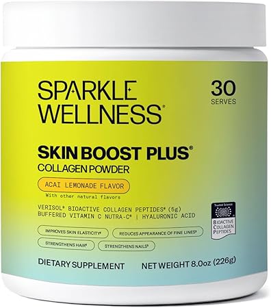 Sparkle Wellness VERISOL Bioactive Hydrolyzed Collagen Peptides | Collagen Powder with Vitamin C & Hyaluronic Acid for Hair, Skin, and Nail Health | Skin Boost Plus (Acai Lemonade) [30-Serves]