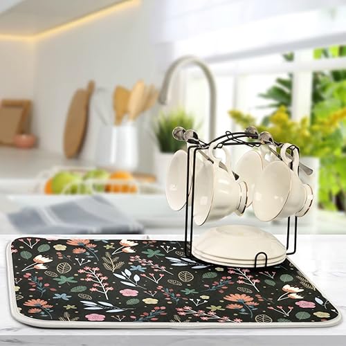 Miniatura 5 de Tapete de secado de platos de flores de fondo negro para encimera de cocina de 18 x 24 pulgadas, tapete de microfibra absorbente, tapete de secado