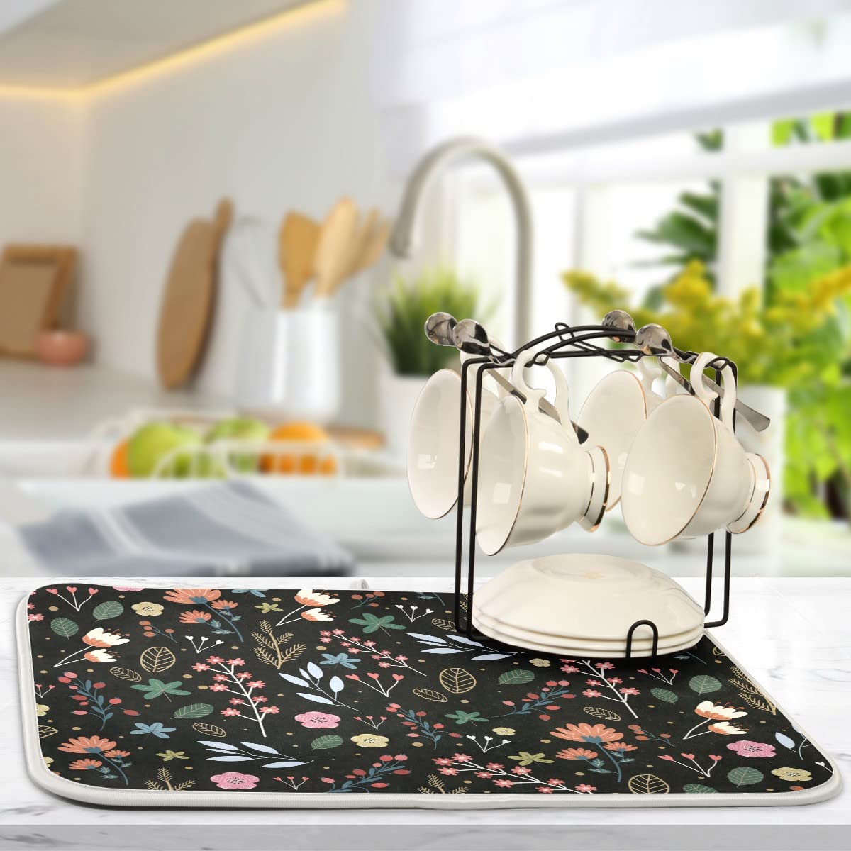 Tapis De Séchage à Vaisselle Floral, Absorbant En Microfibre Antiderapant Pour Comptoirs De Cuisine 98169443