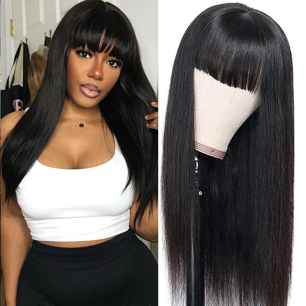 Straight Wigs human hair wigs with bangs 180% Density 4x2 lace Closure Wigs Human hair Ready to Wear and Go Glueless Lace Closure Wigs for Black Women 24Inch