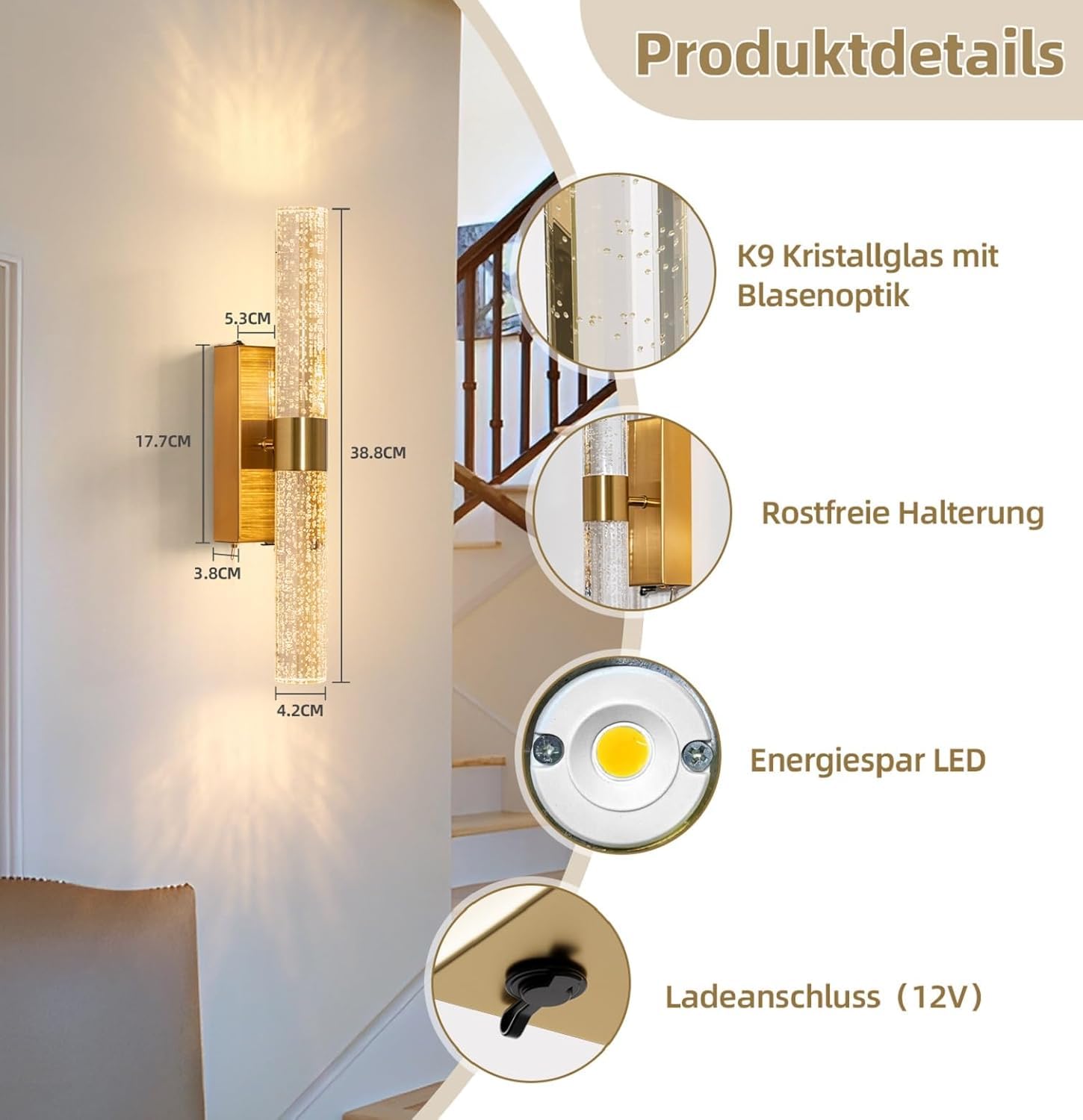 Wandleuchte Innen Akku mit Fernbedienung, Moderne Zylindrischer Blasenlinse 12000mAh Wandlampe, Dimmbar,Timer, 3000K, Kabellos & Ohne Bohren, Für Schlafzimmer,Wohnzimmer, Flur, Gold,2 Set(39CM)