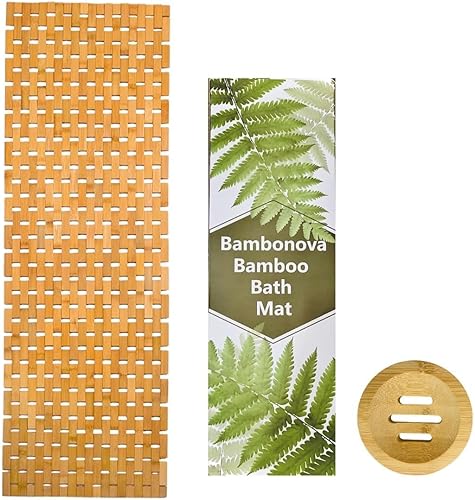 Vista 16 de Tapete de baño de bambú negro de 24 x 16 pulgadas y jabonera, antideslizante, lavable, tapete de ducha de bambú antideslizante para cocina, sauna