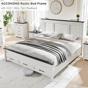 Farmhouse King Size Bed Frame with 52" Tall Full-Panel Headboard, Wood Platform Bedframe with Footboard and Storage Drawers, No Squeak, No Box Spring Needed, Antique White Farmhouse King Size Bed Frame with 52 Tall Full Panel Headboard Wood Platform Bedframe with Footboard and Storage Drawers No Squeak No Box Spring Needed Antique White