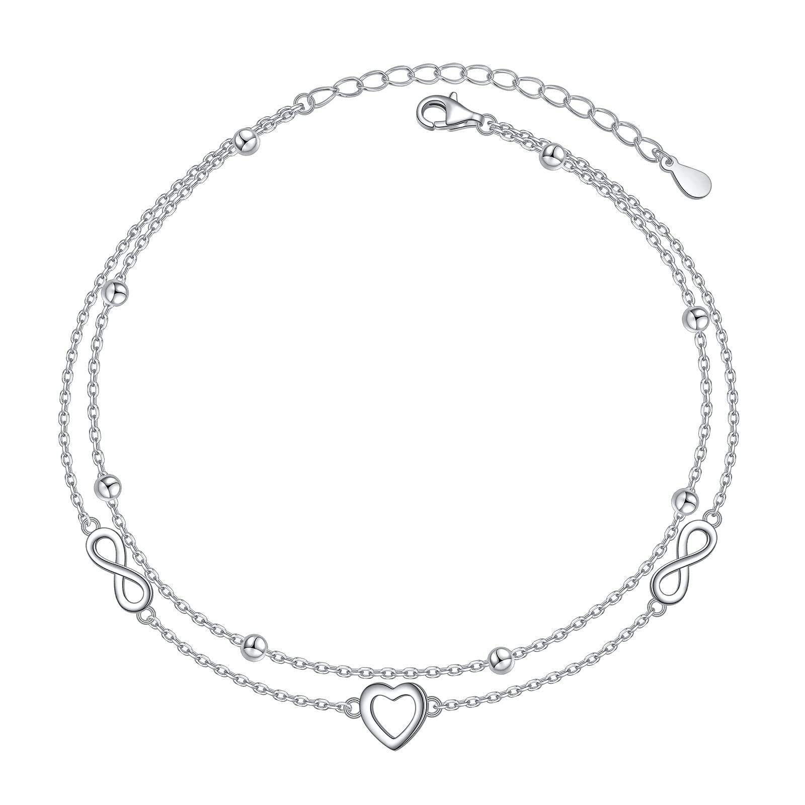 Anklets for Women 925 Sterling Silver Ankle Bracelet Heart/Infinity/Cross/Butterfly Anklet Summer Beach Adjustable Double Layered Beaded Foot Chian Jewelry Gift for Women Teen Girls