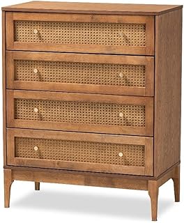 Baxton Studio Ramiel Ash Walnut Finished Wood and Rattan 4-Drawer Chest