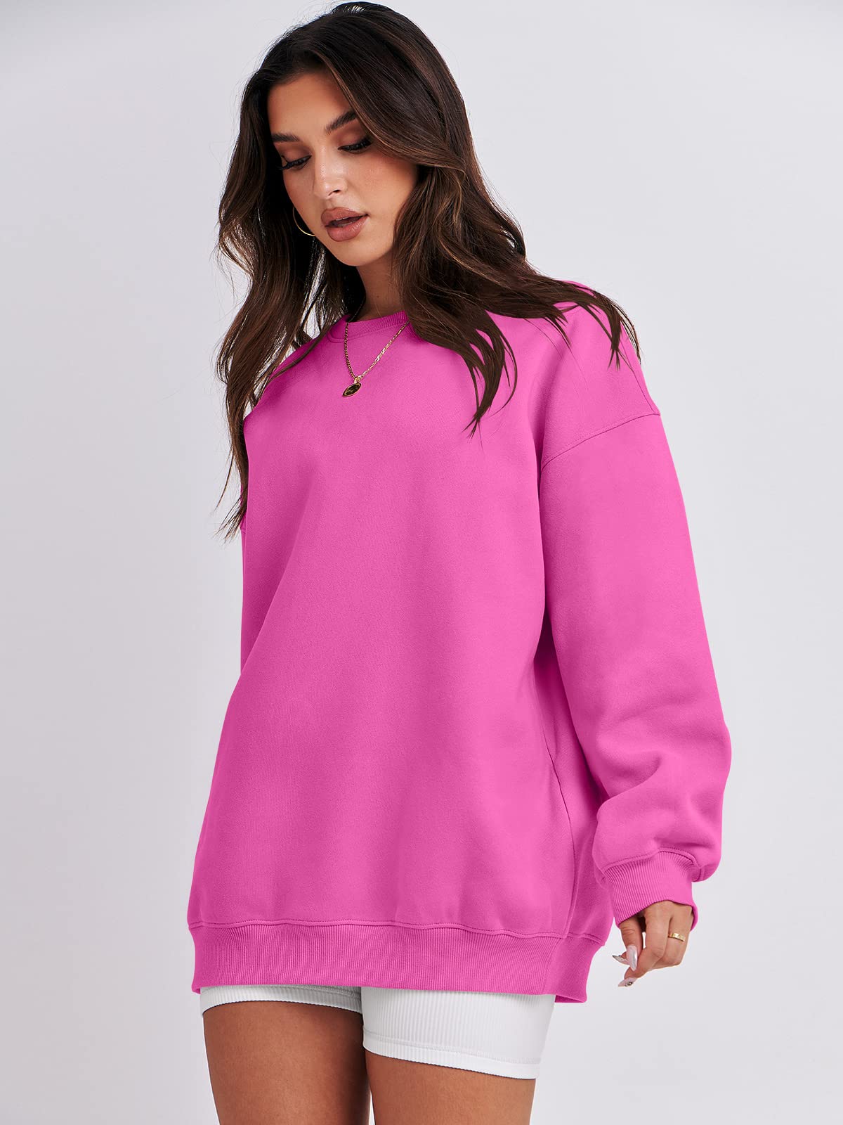 Damskie bluzy oversize bluzy z kapturem polar okrągły dekolt sweter top codzienne jesienne stroje preppy ubrania nastolatki 2024 A1019 światło, Jeden kolor, Pink_XL