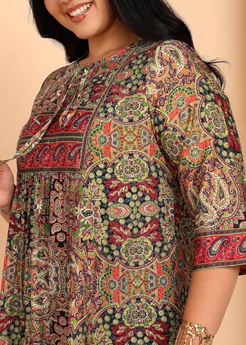 Image of Yash Gallery Women's Polyester Relaxed Fit Short Floral Placet 3 /4 Sleeve and Keyhole Neck Printed Kurti