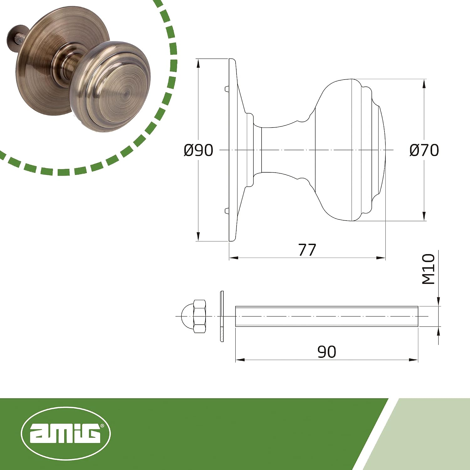 AMIG - Knob Mod. 15 Solid Brass Carved with Leather Finish for Exterior Entrance Doors | Handle Diameter Ø70 mm · Height 77 mm | Includes Screw and Fixing Nut