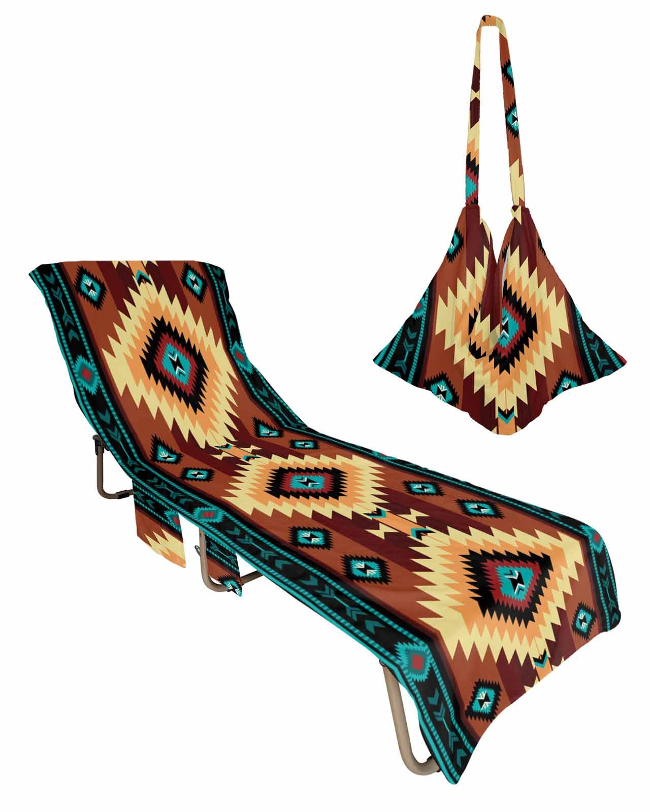 South West Red Beach Chair Cover with Side Pockets, Microfiber & Quick Dry Pool Chaise Lounge Chair Towels Covers for Sun Sunbathing Patio Garden Hotel, Native American Southwestern Abstract Oriental