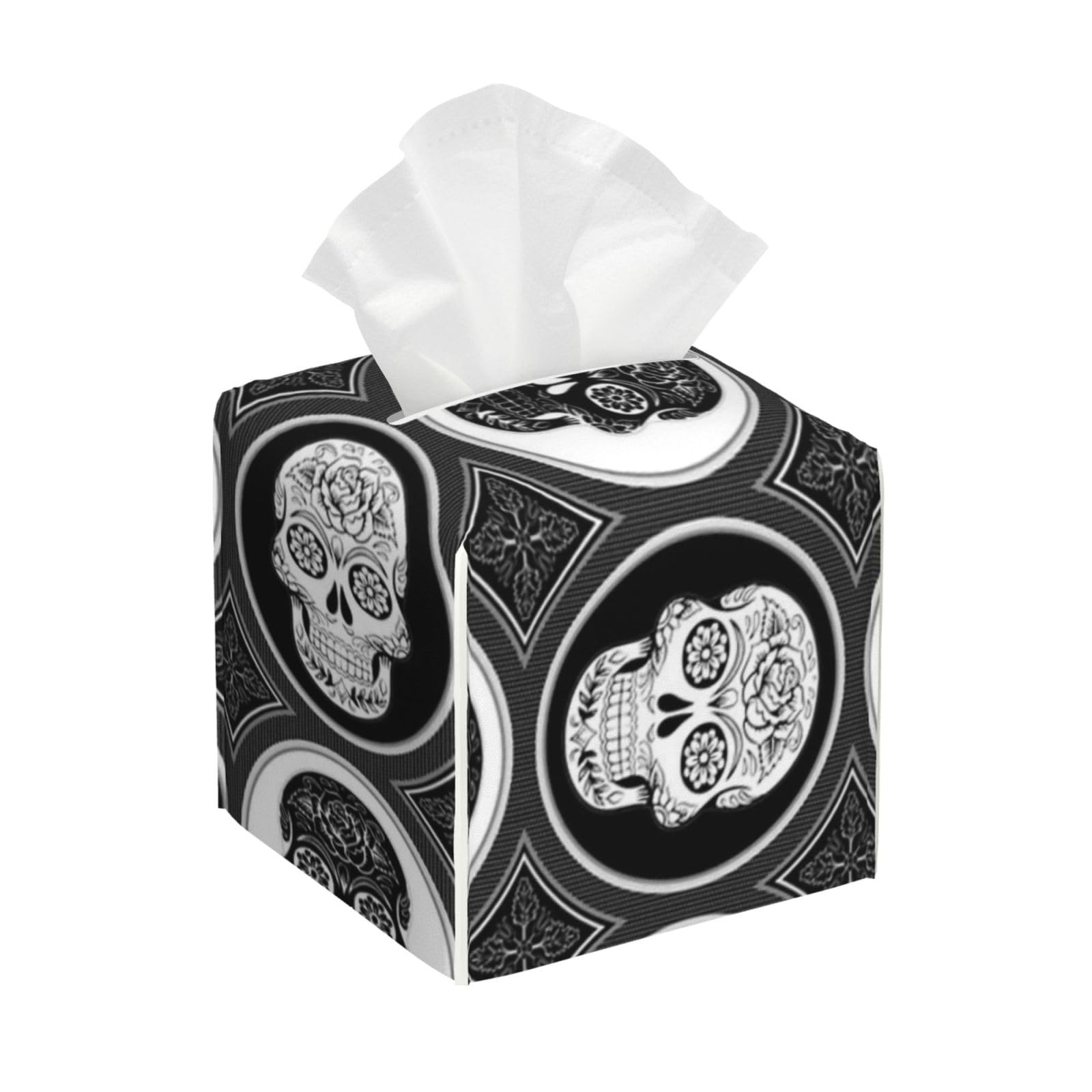 Skulls Tissue Box Cover 5" Square Leather Tissue Holder Facial Tissue Case for Tabletop Bedroom Bathroom Desk Decor
