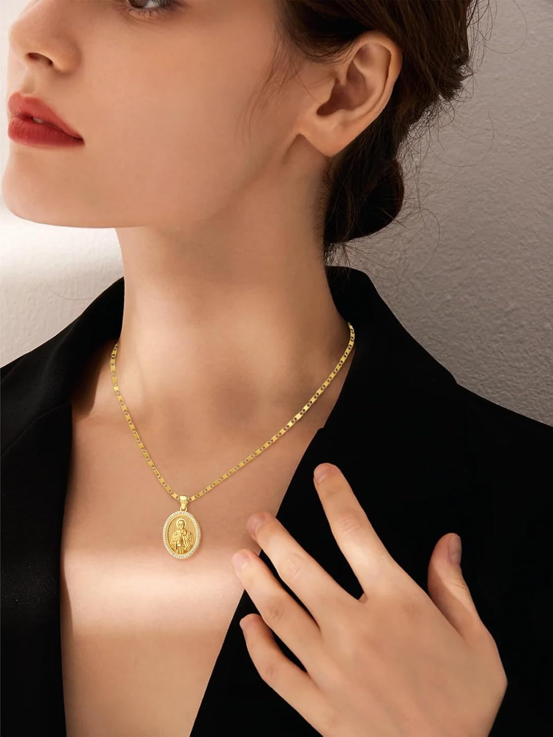 Patron Saint Medals, 14k Gold Plated Sterling Silver Catholic Pendant Necklace, Inlaid Cubic Zirconia, Christian Jewelry Gift For Women with 22"+2" Mariner Chain - Image 3