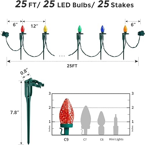 Miniatura 2 de SURAIELEC Luces de camino de Navidad C9, luz de Navidad para exteriores de 25 pies con 25 estacas, 25 bombillas LED multicolores, cadena de luces