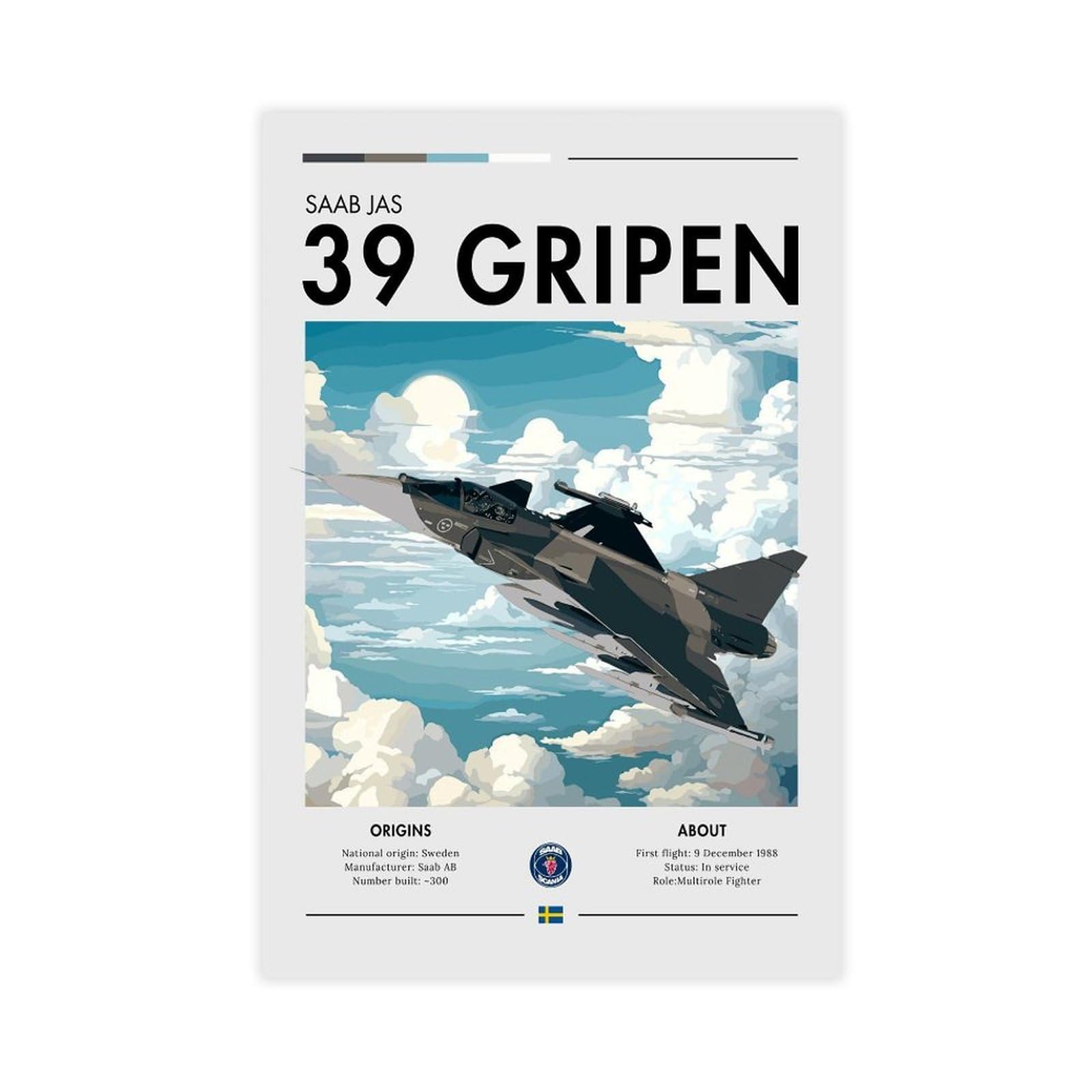 QZFNCOYU Saab JAS 39 Gripen Poster Art Canvas Poster Wall Art Decor Print Picture Paintings for Living Room Bedroom Decoration 12x18inch(30x45cm)