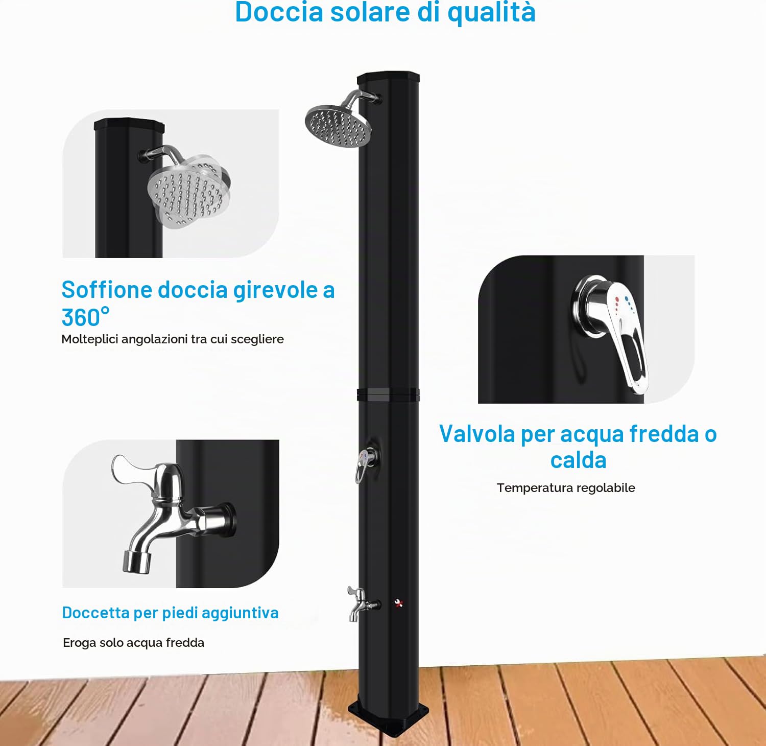 Doccia Solare da Giardino 60 Litri con Custodia Protettiva - Doccia da Esterno con Soffione a Pioggia Regolabile, Rubinetto, Regolazione della Temperatura e Pressione, Doccia Piscina Esterno