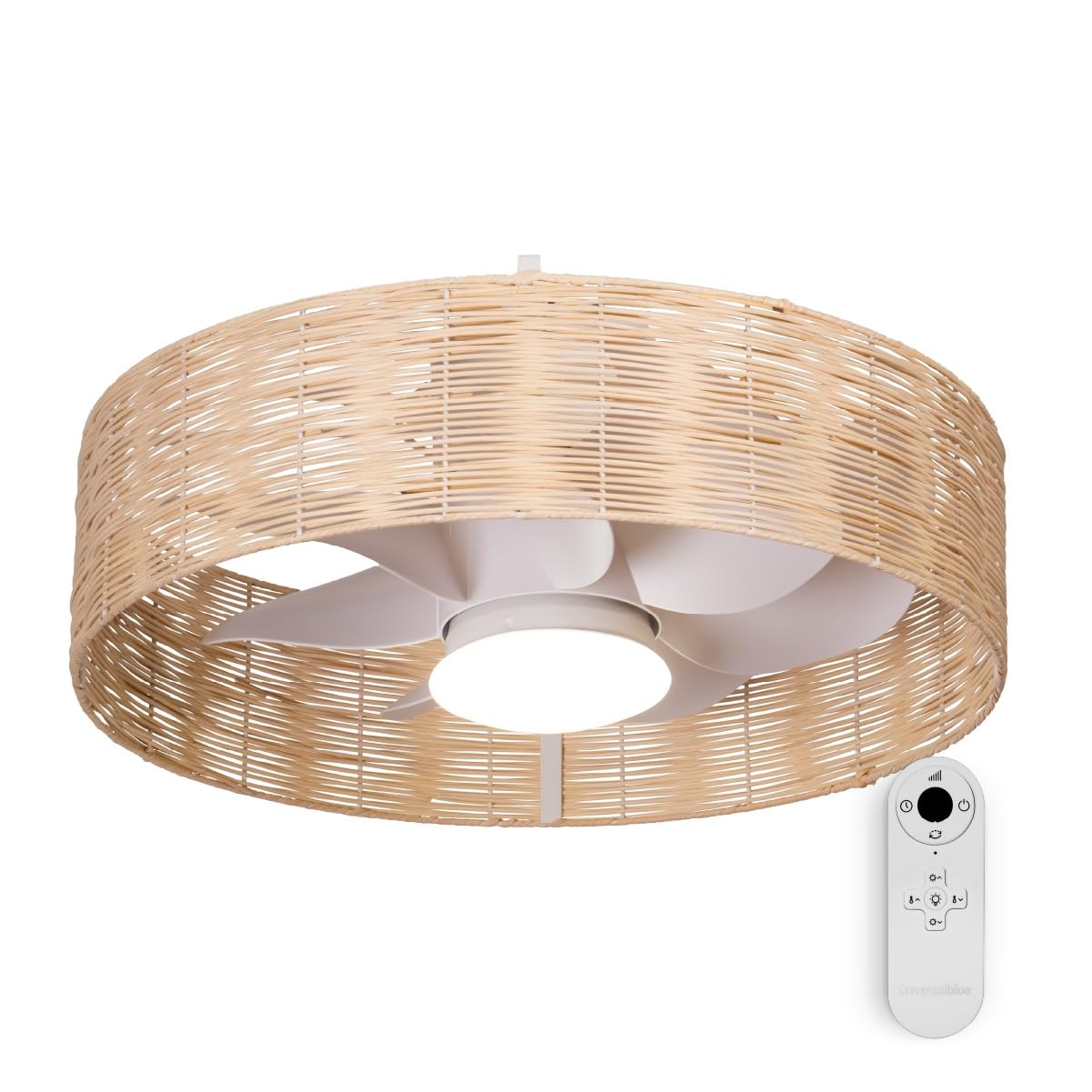 UNIVERSALBLUE Ventilador de Techo con Luz de Mimbre | Ventilador Moderno Aspas Ocultas | Motor DC Silencioso | 6 Velocidades y Mando