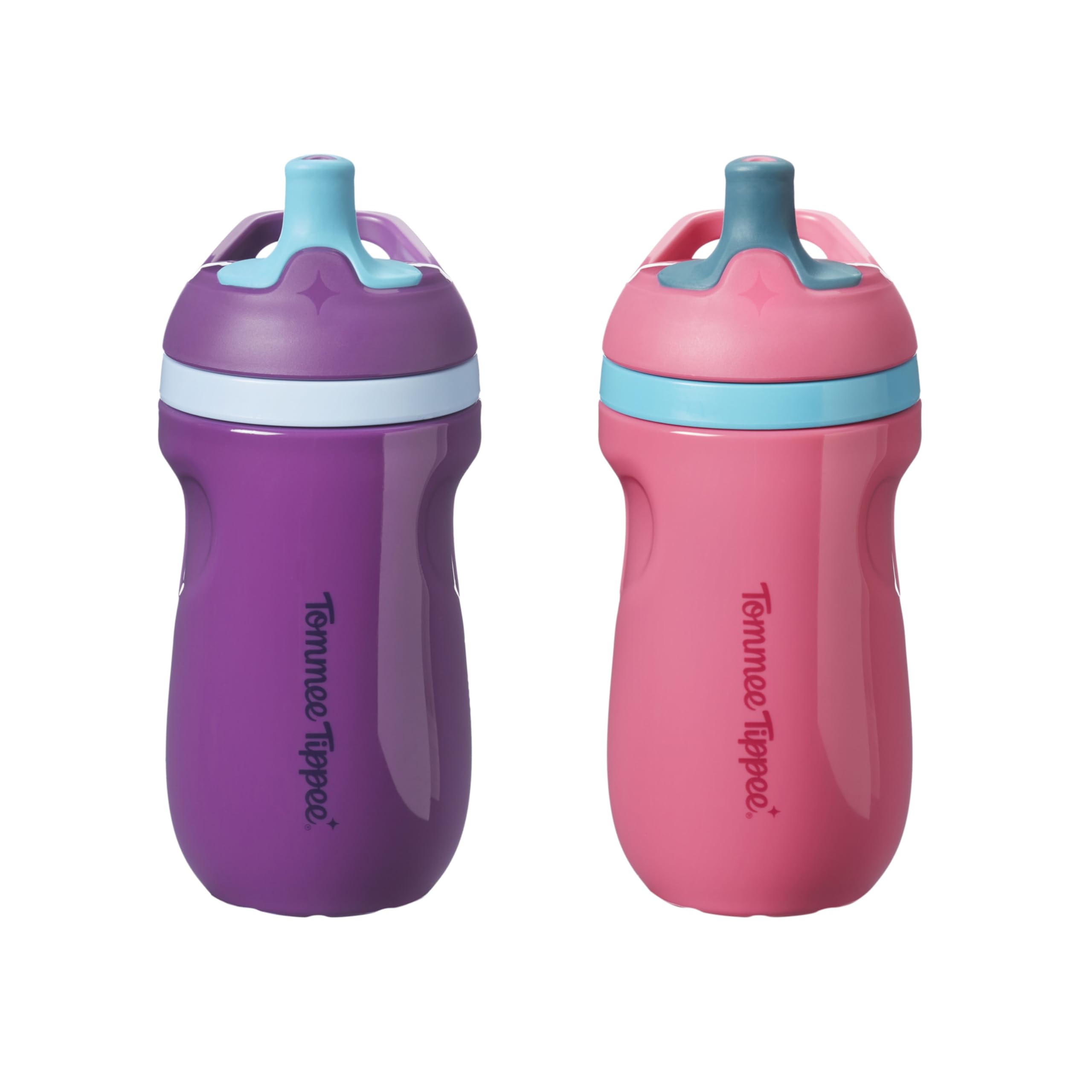 Tommee Tippee Insulated Sporty Spout Non-Spill Toddler Cup, 266ml, 12m+, Pack of 2, with Leak-Proof Valve and Handle, in Fun Bright Colours, Pink & Purple