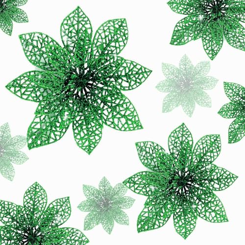 Wironlst 24 Pieces Glitter Poinsettia Flowers Christmas Tree Ornaments, Glitzy