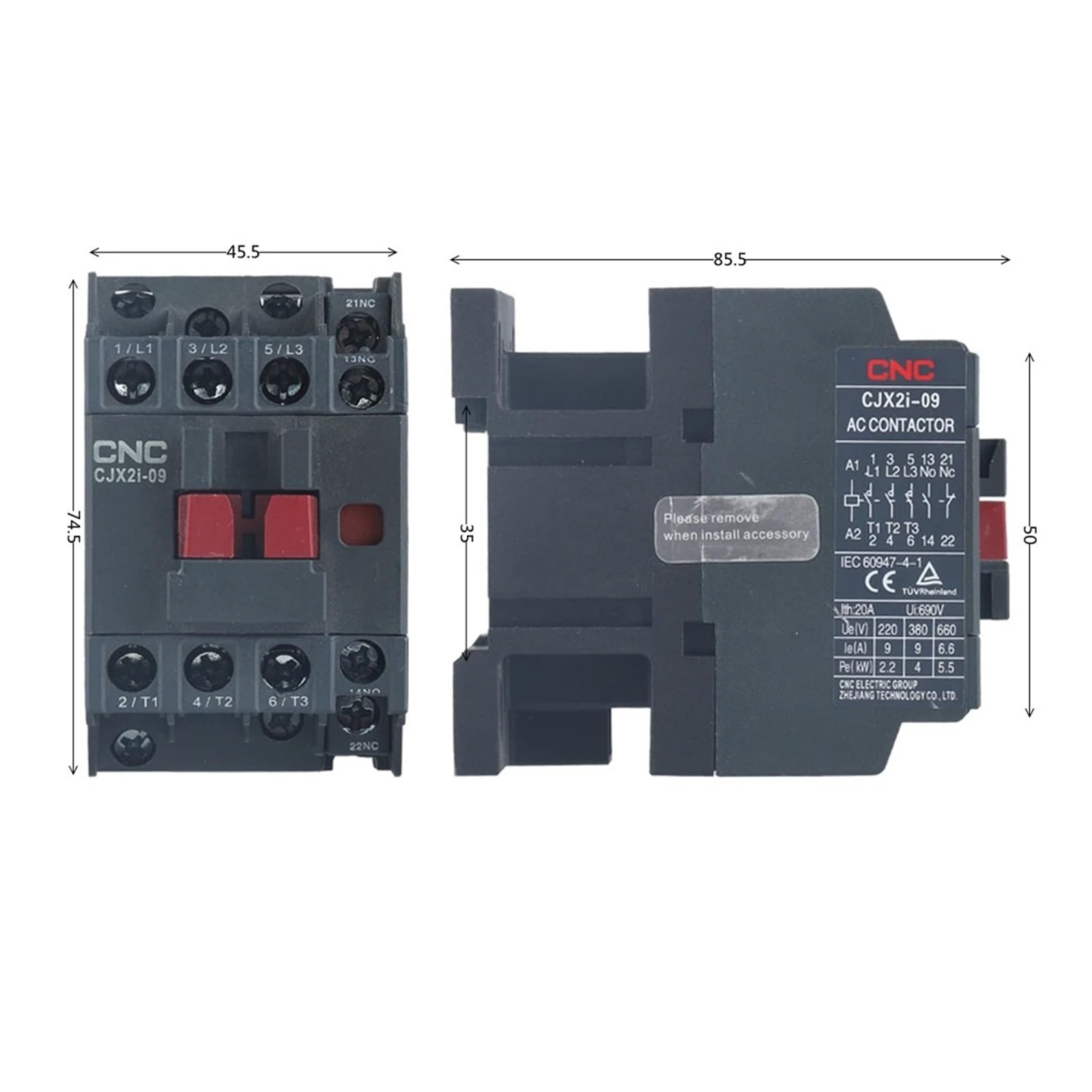 CJX2i Stycznik AC 3P 220 V 50/60 Hz 1NC 1NO Modułowy montaż na szynie DIN 9A/12A/18A/25A/32A (220V 12A)