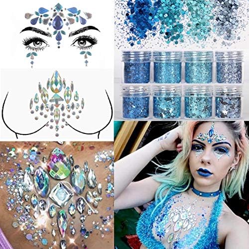 COKOHAPPY 2 Sheets Face & Breast Mermaid Rhinestones Sticker Gem with 8 Boxes 10ml Holographic Chunky Glitter Ultra-thin Colorful Mixed Paillette - Festival Rave Party Jewel Tattoo Set 4