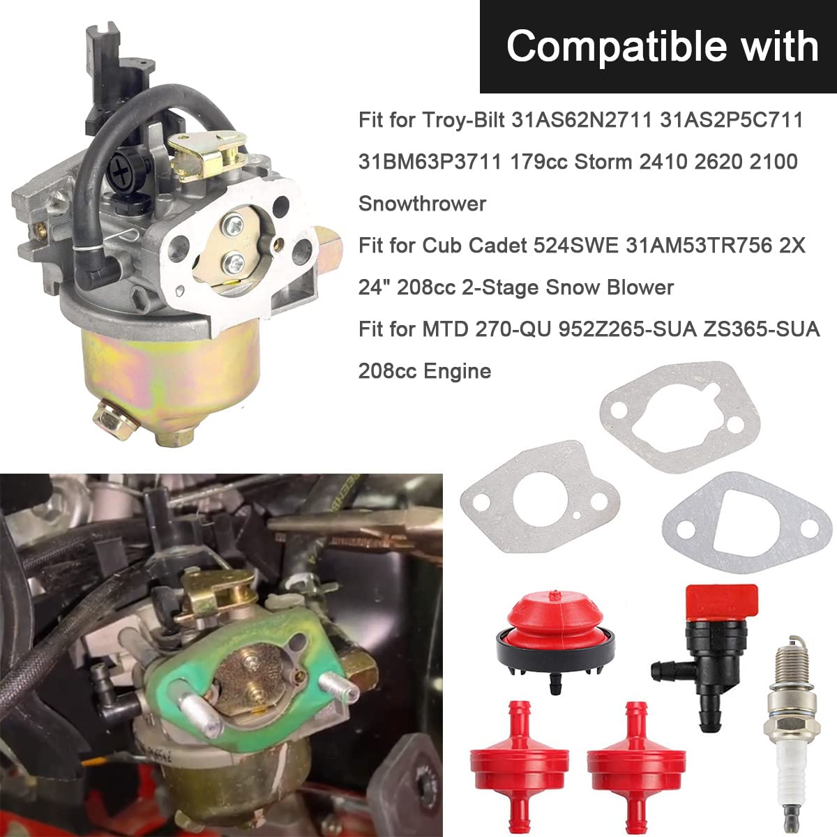 ZAMDOE Carburador 951-12705 para Troy-Bilt Storm 2410 2620 2100 soplador de Nieve, para Motor MTD 270-QU 952Z265-SUA ZS365-SUA, reemplaza a HUAYI 165S 165SA para carburador Stens 520-862