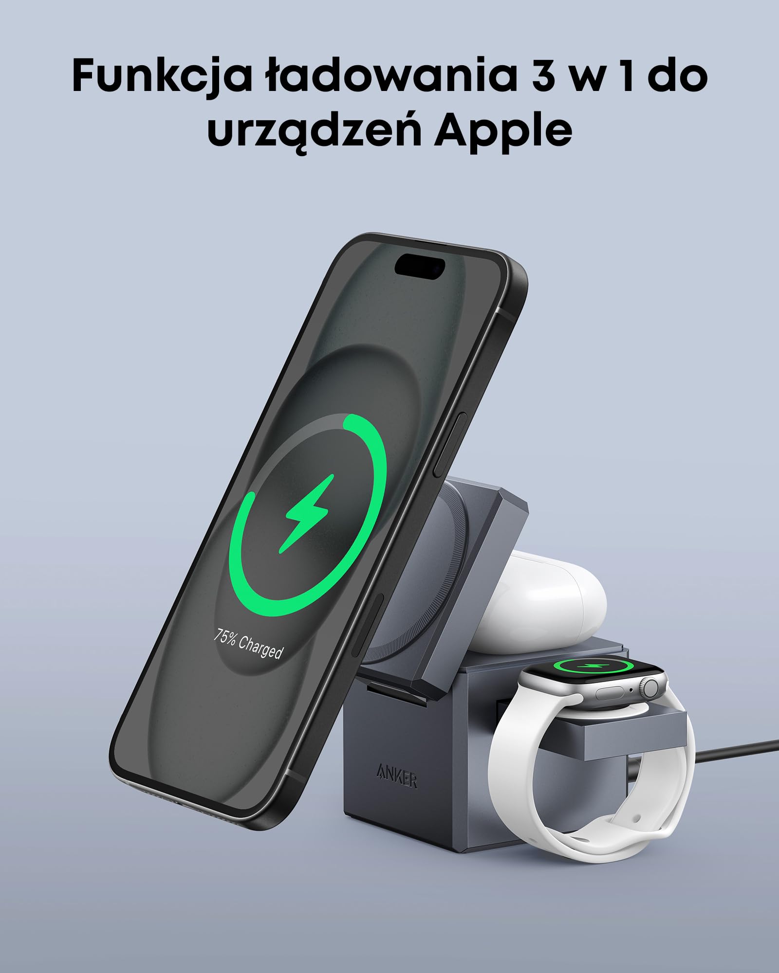 Ładowarka indukcyjna Anker MagSafe z podstawką, bezprzewodowa ładowarka do iPhone'a 16, kostka 3 w 1 z MagSafe, składana podstawka do szybkiego ładowania 15 W | Maksymalna moc bezprzewodowa 15 W, kompatybilna z iPhone 17, 16, 15, 14, Apple Watch serii 1-7