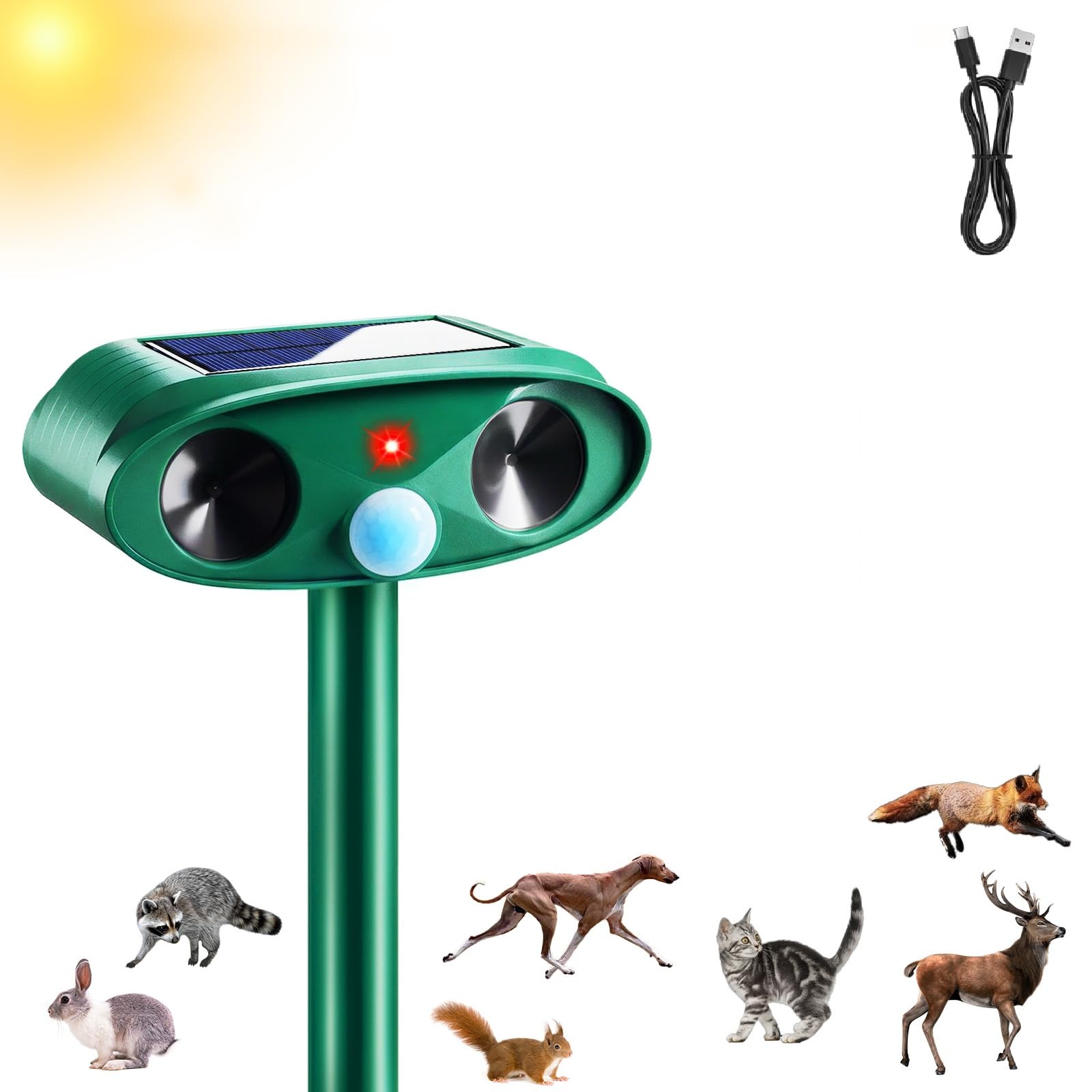 Ultrasonic Cat Repellent for Garden UK, Solar Powered Fox Deterrents for Gardens with PIR Motion Sensor, IP65 Waterproof Animal Scaring Device with LED Flashlight for Dogs, Squirrels,Rabbits