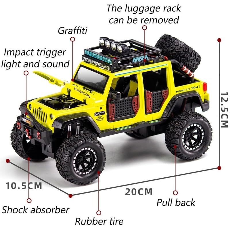 Image of Play Boy 1:24 Jeep Wrangler Rubicon Model Diecast Metal Alloy Pullback Toy Vehicle with Openable Doors Light and Music Car for Kids (Multicolor)